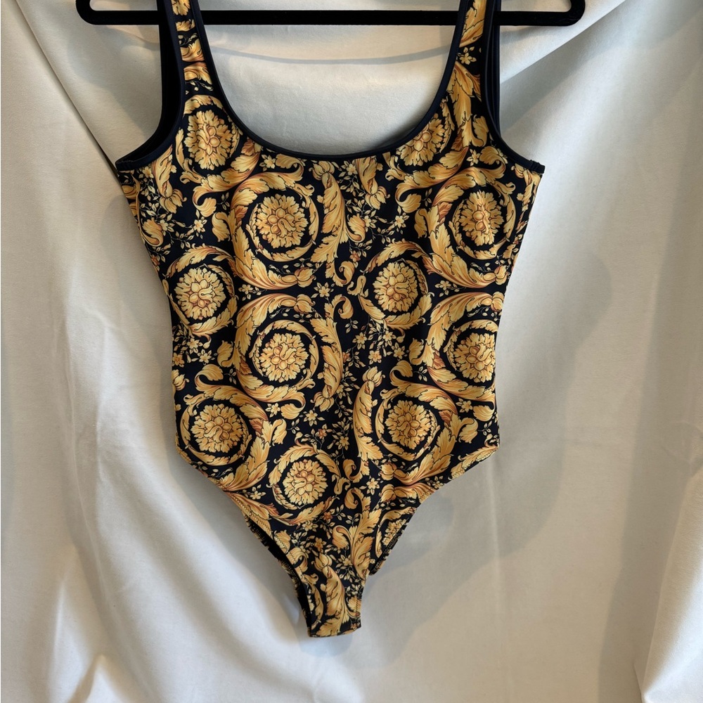Versace Black and Gold One Piece Swimsuit with Baroque Design